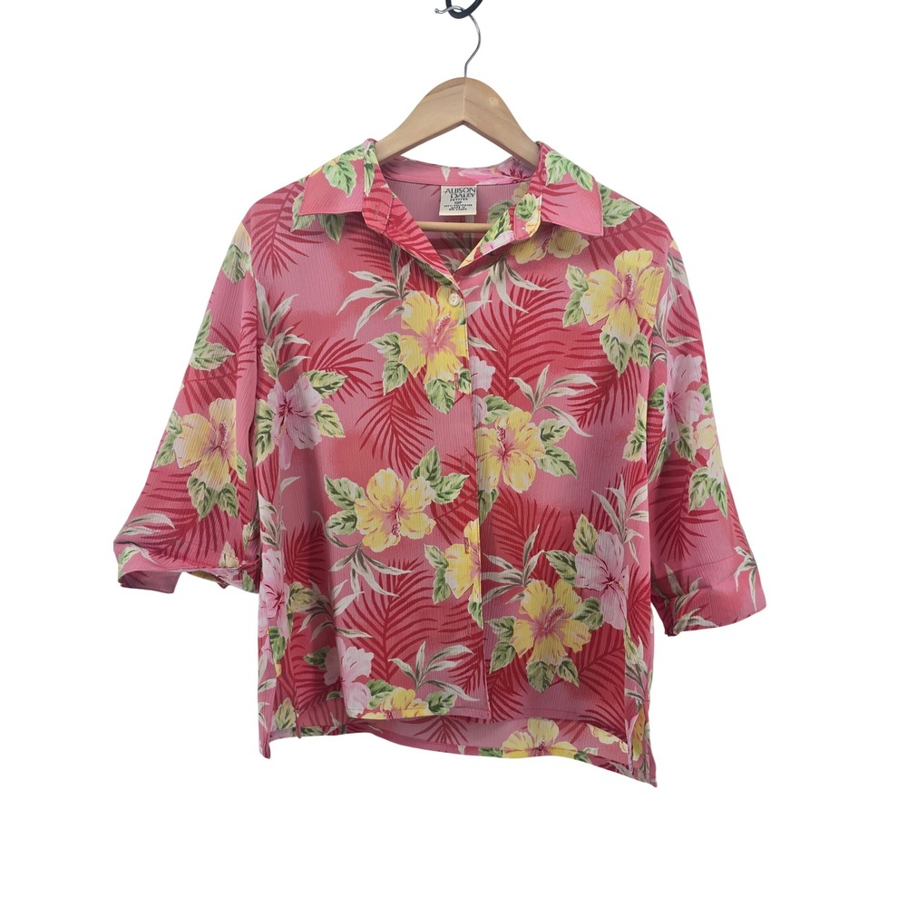 Allison Daley Womens Button Front Shirt Tropical Floral Hibiscus Pink 10P